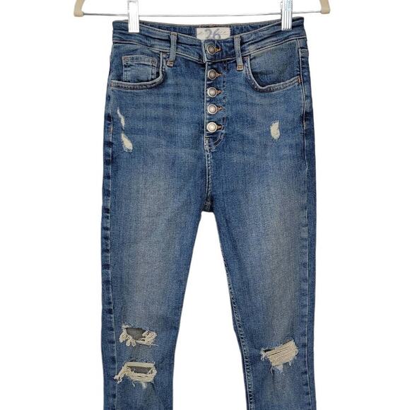 Free People Button Fly Sabrina Distress High Rise Super Skinny Jeans Women Sz 26 - Picture 3 of 7